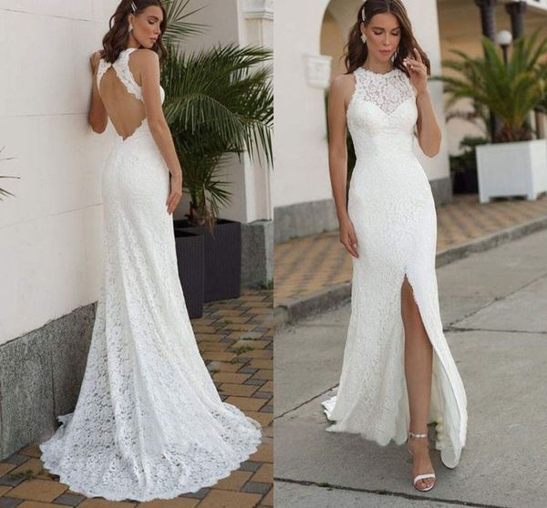 

2023 gorgeous lace mermaid wedding dresses bridal gown backless front slit beach sweep train custom made country vestidos de novia plus size, White