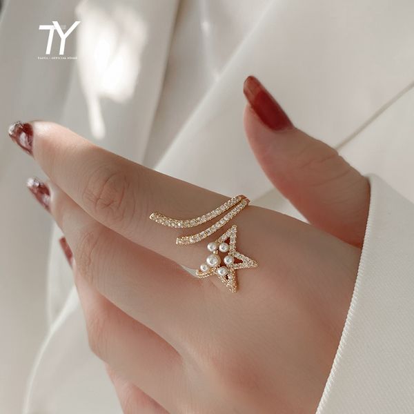 

design 2022 incomplete star shape pearl zircon gold color opening rings for womans korea fashion jewelry gothic girl's ring, Golden;silver