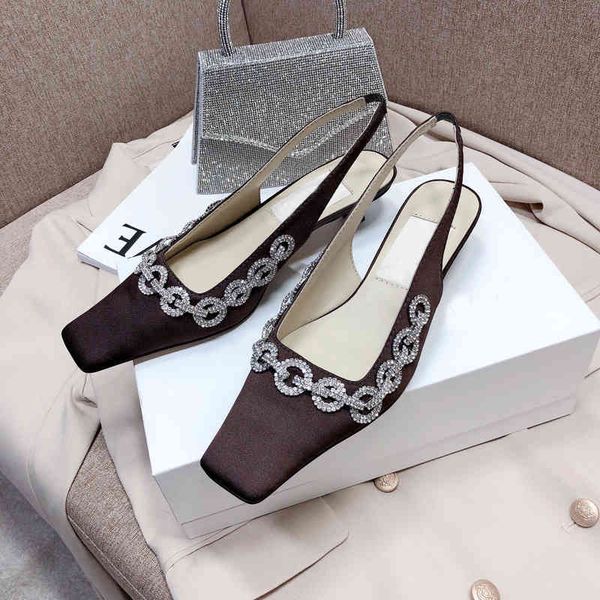 

sandals baotou sandals women's middle heel small fragrant square head back empty one-line belt cat chain shoes, Black