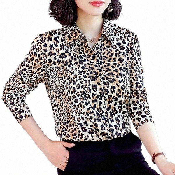 

women's blouses & shirts spring autumn blouse women elegant wild printed shirts blouses long sleeve slim fit leopard shirt clothes blu, White