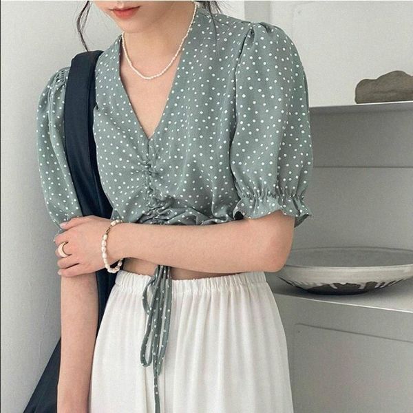 

women's blouses & shirts sweet woman fashion puff short sleeve blouse womens summer small fresh polka dot v-neck crop female casual shi, White