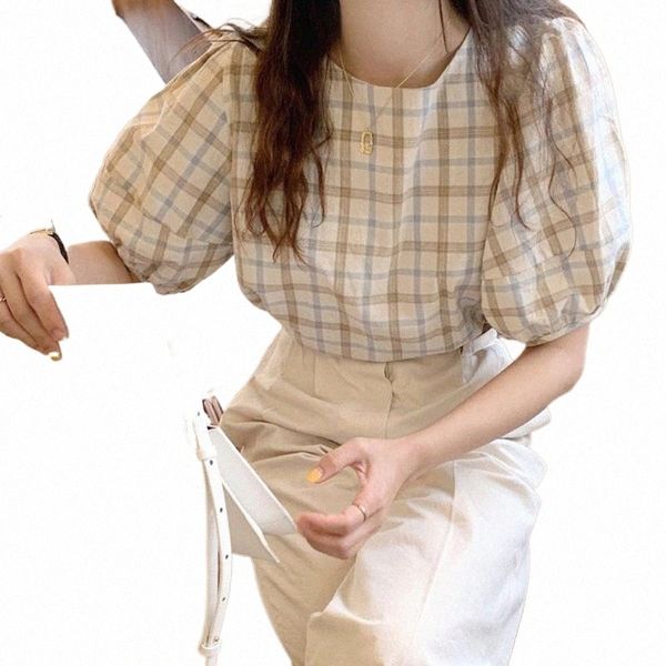 

women's blouses & shirts women's blouses & shirts korean chic plaid blouse women summer retro france classic puff sleeve loose cas, White