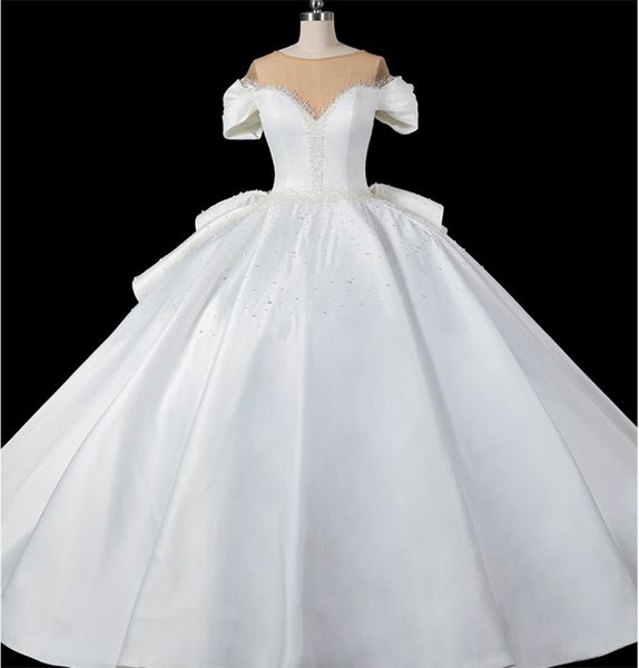 

sweetheart wedding dress luxurious tie elegant pearl short-sleeved round neck is thin and large tail satin my91708, White