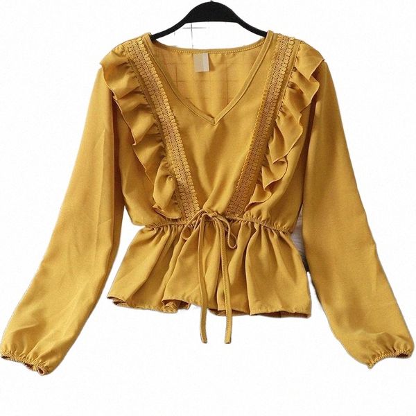 

women's blouses & shirts drawstring sash ruffles women blouse v-neck lace patchwork vintage blusa 2021 spring summer solid slim fashion, White