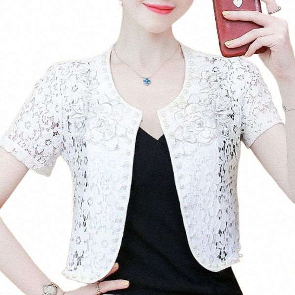 

women's blouses & shirts blusas mujer de moda 2021 blouse women short sleeve summer shirt beading hollow lace 3xl 4xl plus size d108 wo, White