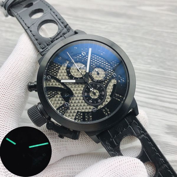 

new left handed watch mens watches u -8060 50mm date quartz chronograph black dial leather strap gents sport watches luminous needles aaa, Slivery;brown