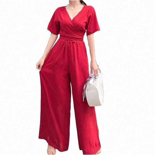 

women's tracksuits summer women's suit fashion korean short sleeve v-neck chic waist bow wide-leg pants two-piece female tracksui, Gray