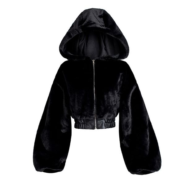 

women's fur faux autumn winter rabbit bomber teddy coat zipper streetwear high waist ry hooded plush jacket cardigan fleece parkas 2209, Black