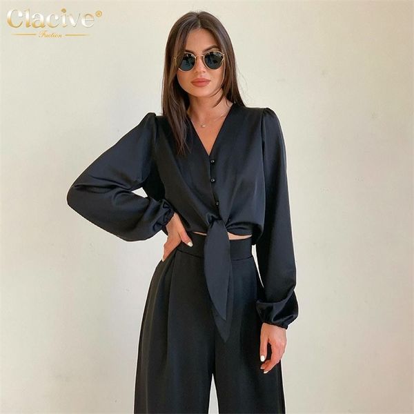 

women's two piece pants clacive black satin pants set women fashion v-neck long sleeve blouse matching wide trousers suit casual slim t, White