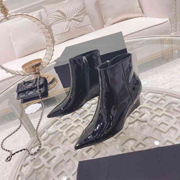 

super short boots boots women's autumn wedge heel pointed toe leather high frosted chelsea women's fjng, Black