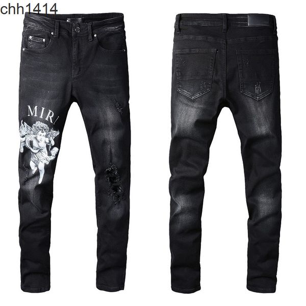 

street letter angel pattern denim casual pants micro elastic cotton youth black tight jeans, Blue