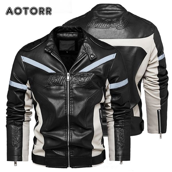 

men's leather faux leather men's leather jacket reflective cool zipper fleece warm coats male windbreaker motorcycle biker pu jack, Black