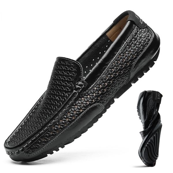 

dress shoes summer men casual luxury brand genuine leather mens loafers moccasins italian breathable slip on boat btmottz 220912, Black