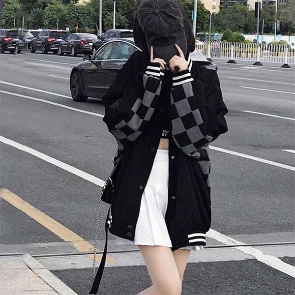 

womens jackets american retro checkerboard jacket female spring autumn hip hop harajuku loose baseball jacket streetwear fashion jackets 220, Black;brown