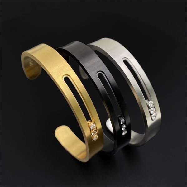 

bangle lanruisha simple stainless steel open bangles with three sliding beads with stone hollow in the middle jewelry 220912, Black