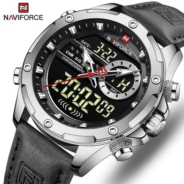 

wristwatches naviforce military watches for men fashion sport chronograph alarm wristwatch waterproof quartz big clock digital male watch 22, Slivery;brown
