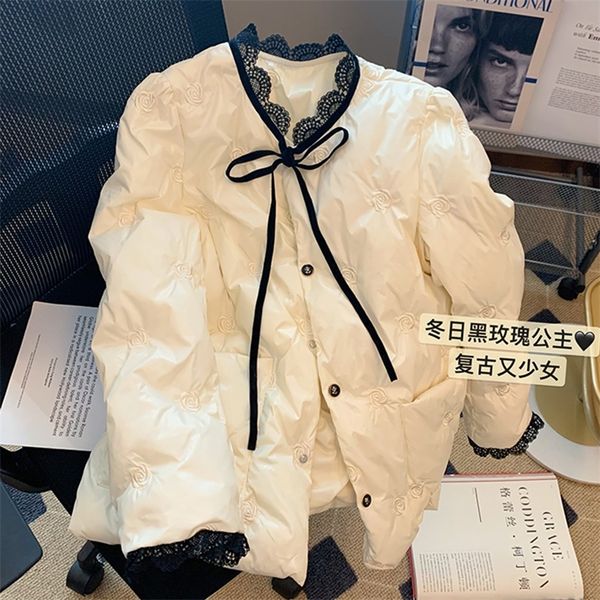 

womens down parkas womens winter white coat vintage loose warm singlebreasted lace down jacket in fashion puffer comfortable outwear 220912, Black
