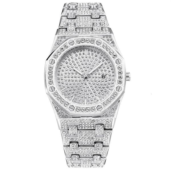 

bling diamond watch for men iced out luxury mens quartz watches man dress wristwatch silver stainless steel relogio masculino sh19244q, Slivery;brown