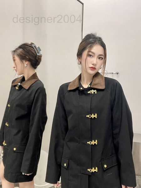 

women's leather & faux designer ce2022 autumn and winter new metal buckle straight tube color contrast lapel tooling wind middle windbr, Black