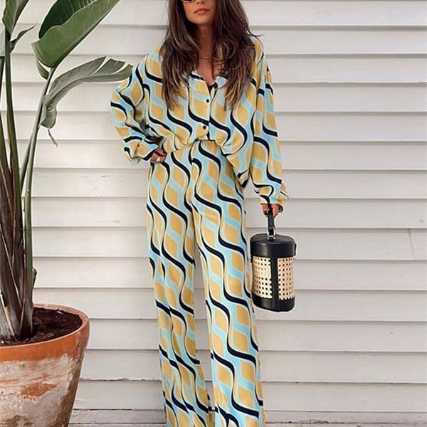 

women's two piece pants women casual print trousers 2 piece set loose turndown collar blouses and wide leg pants suit chic female stree, White