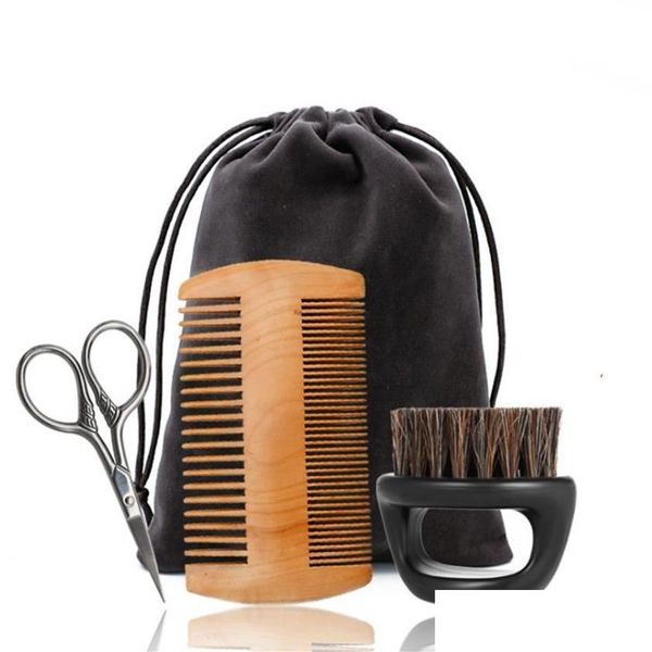 

hair brushes brushes care styling tools hair products3pcs wooden beard comb and natural bristles brush with scissors set for men dr dhgxj, Silver