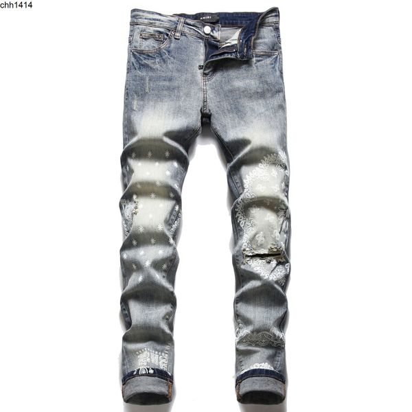 

brand style blue hole print slim fit elastic small foot fashion trendy men's jeans