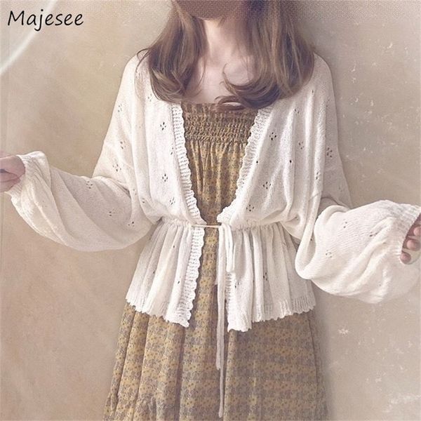 

women's sweaters cardigan women spring loose lace-up sweet girls batwing sleeve vintage korean style knitted sweaters sun-protection fe, White;black