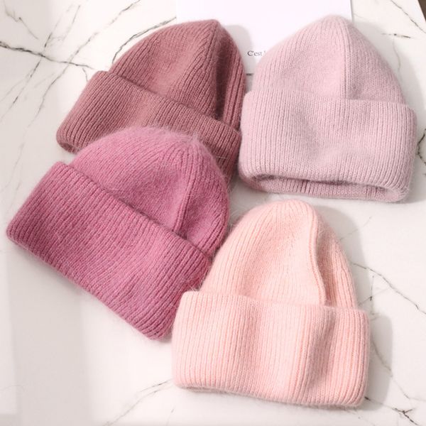 

beanie skull caps winter real rabbit fur knitted beanies for women fashion solid warm cashmere wool skullies female three fold thick hats 22, Blue;gray