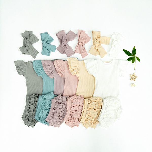 

clothing sets baby girls romper clothes set born kids cute flying sleeve knitted rompers short bow headband ribbed cake bloomers ropa bebe 2, White