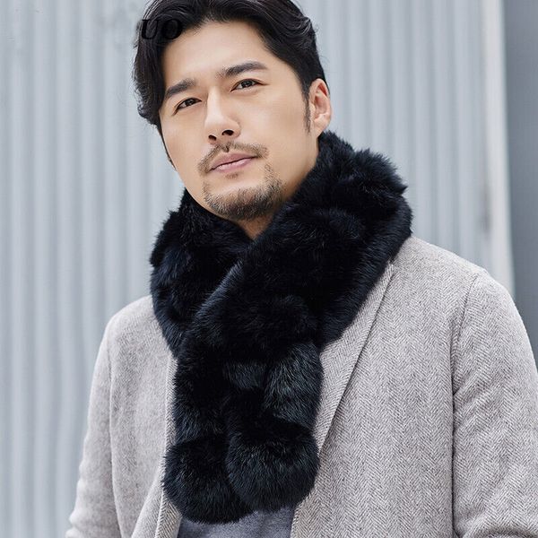 

men's 100% whole rabbit fur scarf winter warm shawl pom poms black, Blue;gray