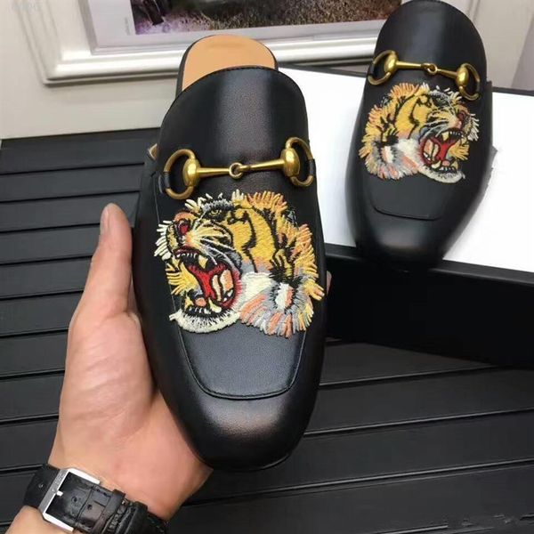 

summer sandals slippers men brand loafers slip on slides cover square toe flats genuine leather male casual shoes with animal euro2749, Black