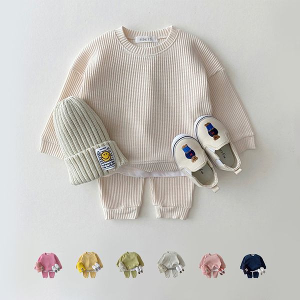 

clothing sets korean baby cotton kintting clothing sets mock two-piece waffle cotton kids boys girls clothes sets tracksuit pants 220912, White