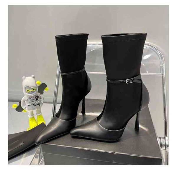 

short boots boots women's early autumn pointed high heels elastic thin heel socks leather sleeve u314, Black