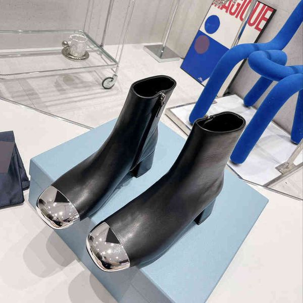 

boots autumn and winter style metal iron head color matching thick high-heeled short boots fashion side pull leather chelsea, Black