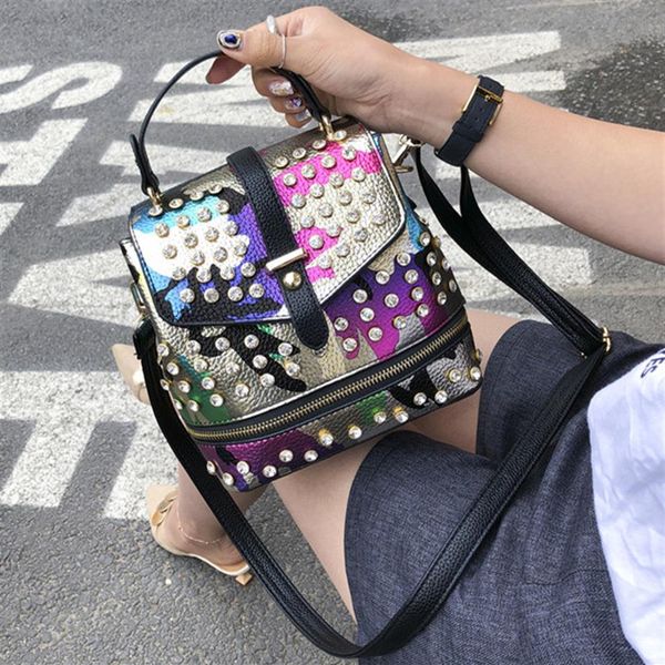 

mini women backpack punk diamonds shoulder bags for female camouflage pattern backpacks for teenage girls pu leather daypack bao244a
