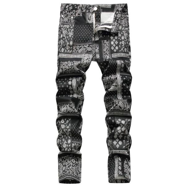 

men's jeans men paisley bandanna printed fashion 3d digital painted stretch denim pants slim straight black trousers bma, Blue