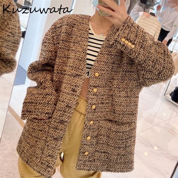 

womens wool blends kuzuwata elarly autumn jackets french vintage tweed cropped coats v neck single breasted long sleeve women outerwear 2209, Black