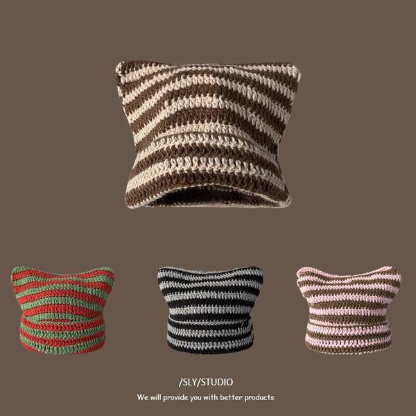 

beanie skull caps japanese beanies hat ins little devil striped knitted woolen autumn and winter ear rabbit christmas funny earmuffs 220912, Blue;gray