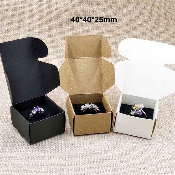 

jewelry boxes 50pcs per lot 40x40x25mm white/black/kraft ring packing box with black velvet sponage inside custom moq 1000pcs 220912, Black;white