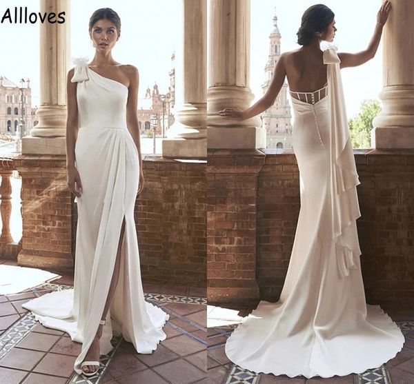 

bow ivory satin mermaid wedding dresses elegant one shoulder split beach boho bridal gowns buttons back sweep train simple brides second rec, White