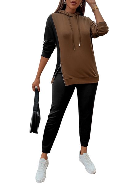 

women's two piece pants zippered patchwork trendy hooded long sleeve casual suit, White