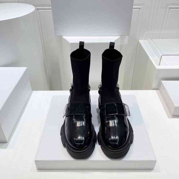 

boots thin short boots women's early autumn british style round head thick soled high knit tube elastic socks and, Black