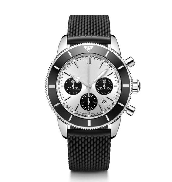 

new mens watch superocean quartz chronograph stainless steel 46mm watch luxury ceramic bezel black white dial rubber strap, Slivery;brown
