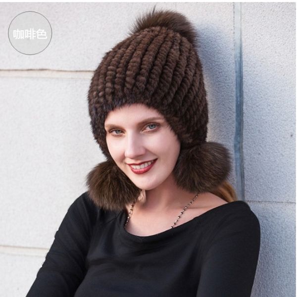 

winter warm hat 100% import mink fur cap with fox fur pompom brown black, Blue;gray