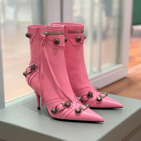 

boots cagole sheepskin boots belt buckle decorative side zipper locomotive pointy fashion boots high heels luxury designer women's fact, Black