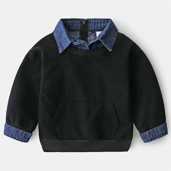 

hoodies sweatshirts spring autumn design 2 3 4 5 6 7 8 9 10 12 years children turn down collar denim patchwork sweatshirt for kids baby boy, Black