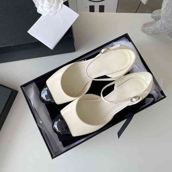 

dress shoes one line hollow single shoe women's thick heel spring and summer european patent leather shallow mouth middle high, Black