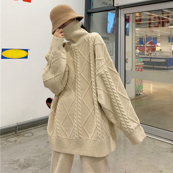 

women's knits tees women turtleneck weaving sweater retro loose solid warm knitted pullover female oversize simple sweet elegant street, White