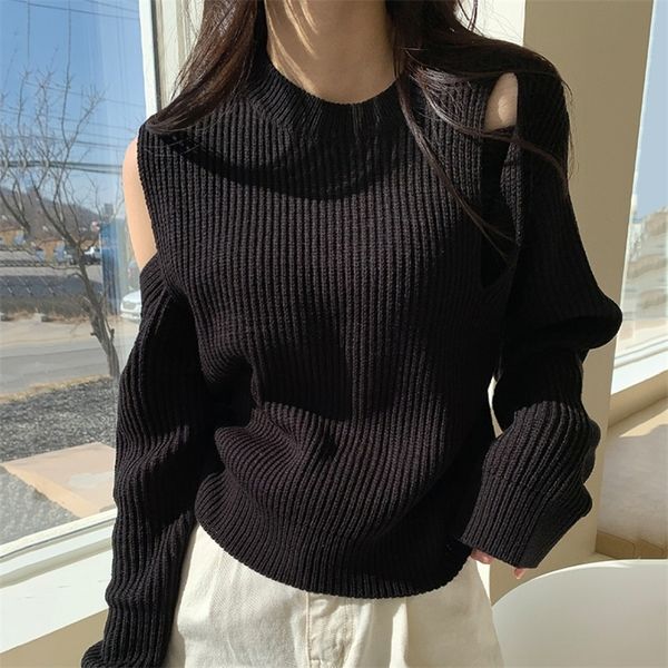 

women s sweaters korea chic early autumn wild temperament round neck layered hollow strapless stitching loose long sleeved sweater 220908, White;black