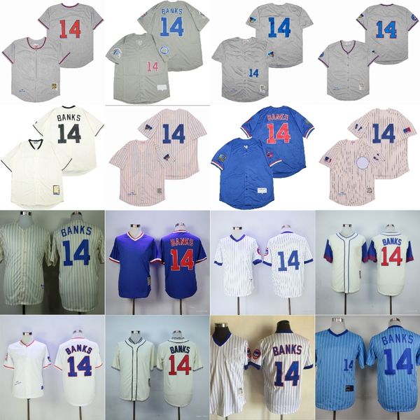 

vintage college mitchell and ness baseball 14 ernie banks jerseys 1968 1969 grey white blue pullover all stitched breathable for sport fans, Black